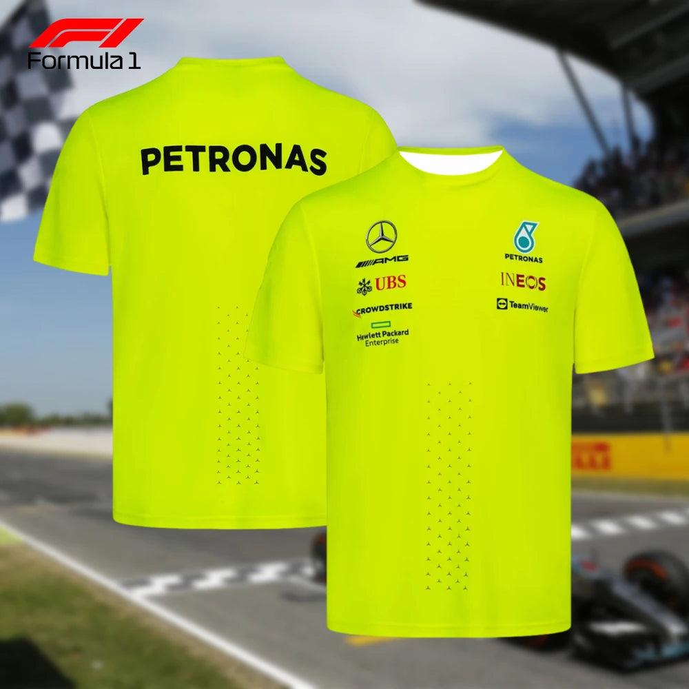 Bright yellow Mercedes AMG Petronas F1 t-shirt with sponsor logos on front and Petronas text on back
