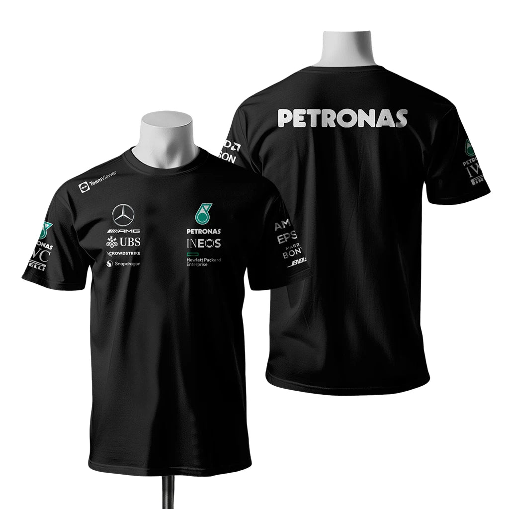 Black Mercedes AMG racing team shirt with sponsor logos and Petronas branding on front and back