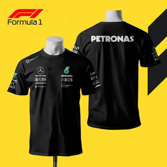 Black Mercedes AMG racing team shirt with sponsor logos and Petronas branding front and back