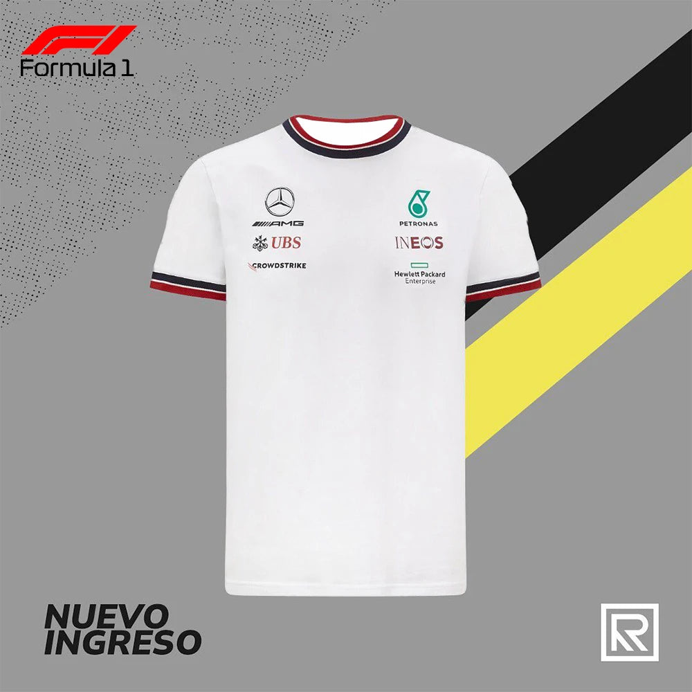 White Formula 1 racing team shirt with sponsor logos and red black trim on sleeves and collar