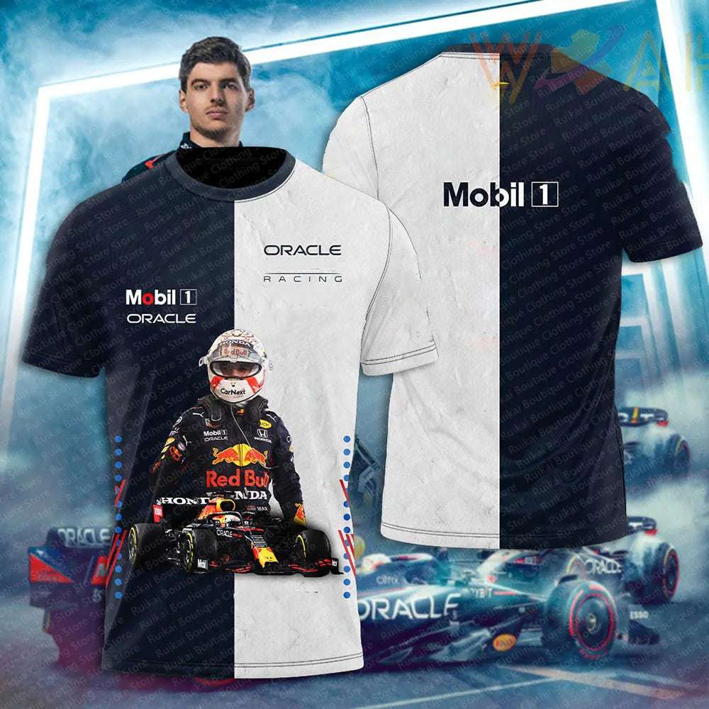Oracle F1 team merchandise black and white t-shirt featuring driver and racing car graphics