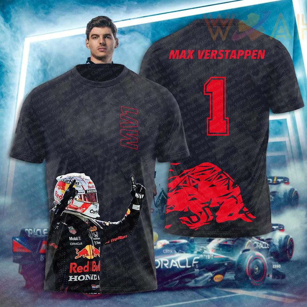 Black Max Verstappen T-shirt with Red Bull racing helmet and number 1 print Oracle F1 team merchandise