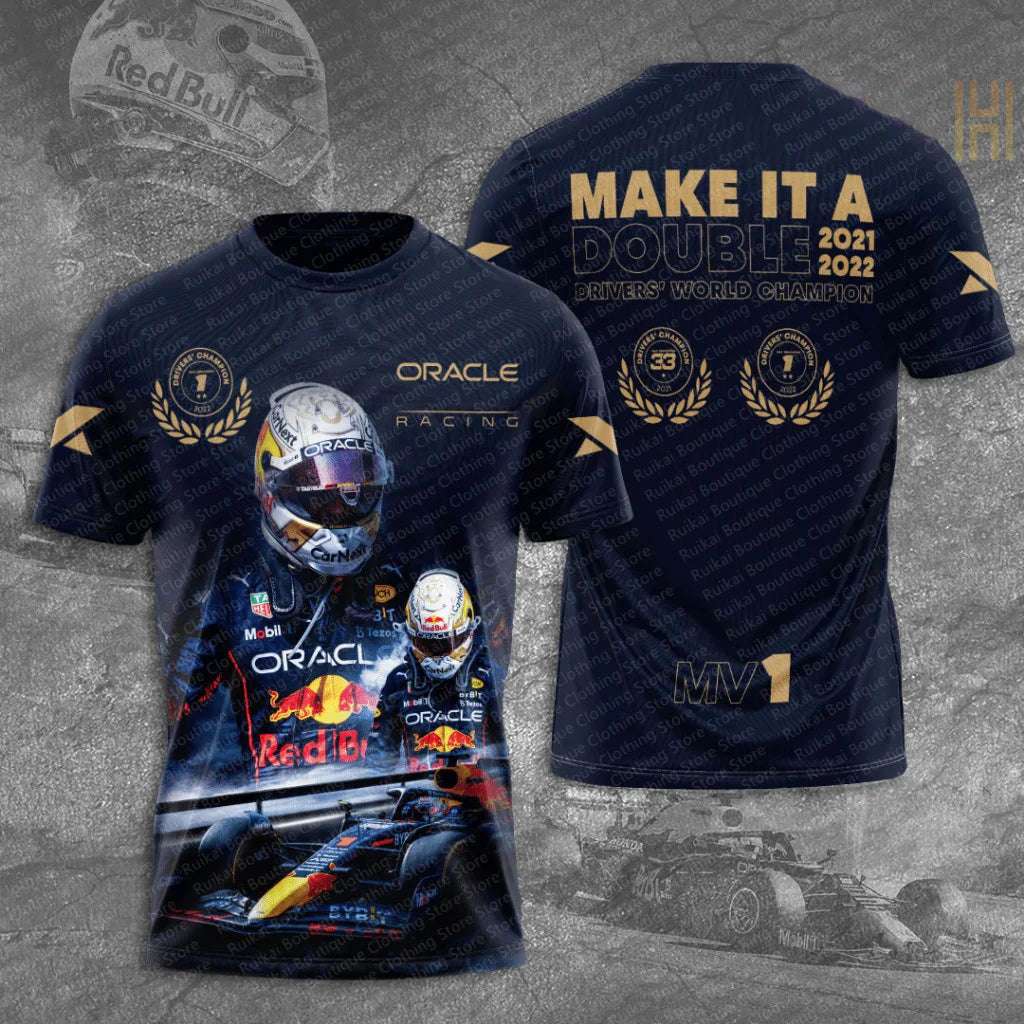 Oracle F1 team merchandise navy blue t-shirt featuring Red Bull racing helmets and cars with championship details