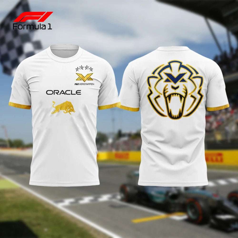 2025 Verstappen special edition shirt white with gold trim and bold lion logo on back