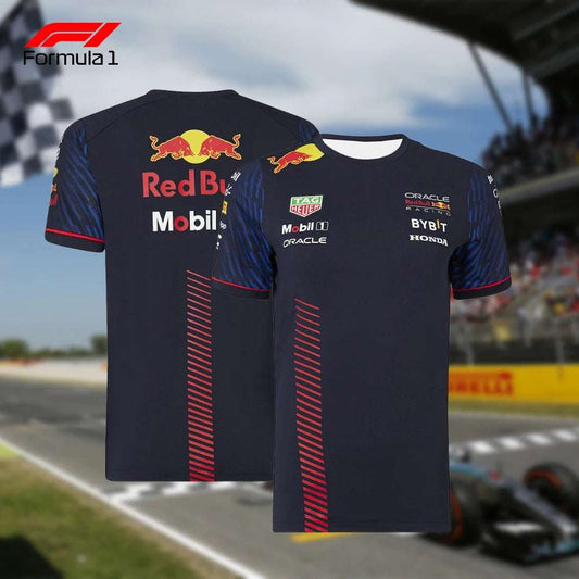 Red Bull F1 team shirt in navy blue with sponsor logos and red striped design