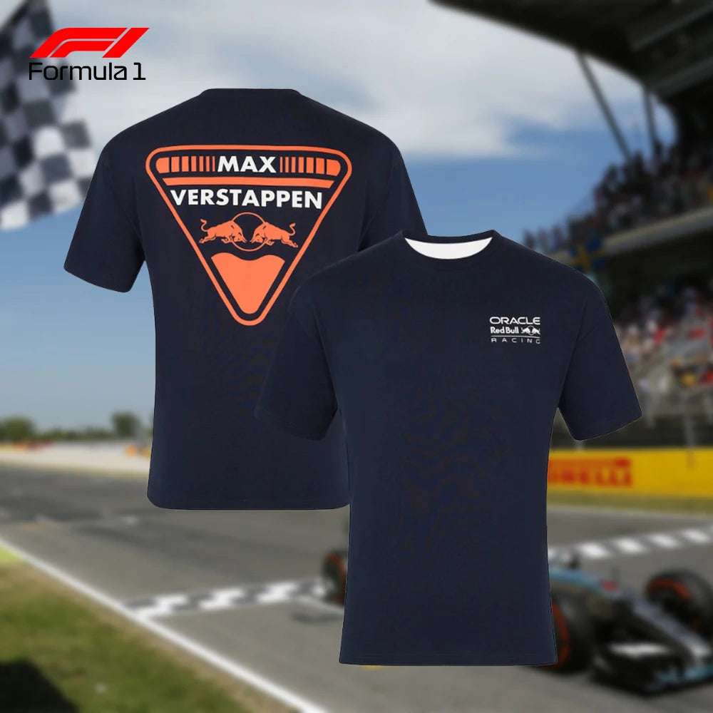 Red Bull F1 team shirt in navy blue featuring Max Verstappen logo on back and Oracle branding on front