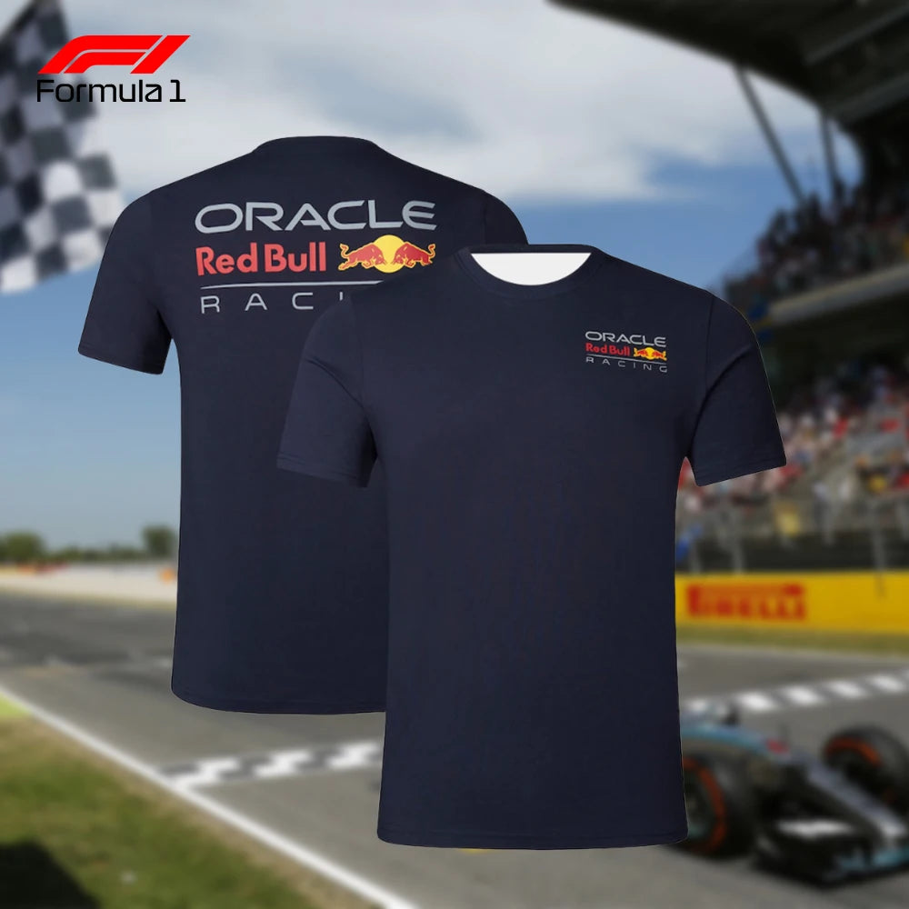 Navy blue Red Bull F1 team shirt with Oracle logo front and back, official racing merchandise