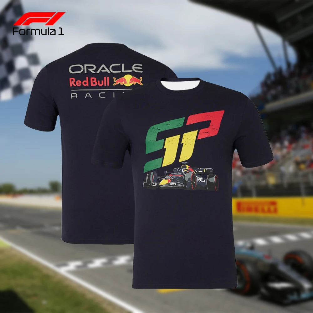 Red Bull F1 team shirt with race car graphic and Oracle logo on the back in black