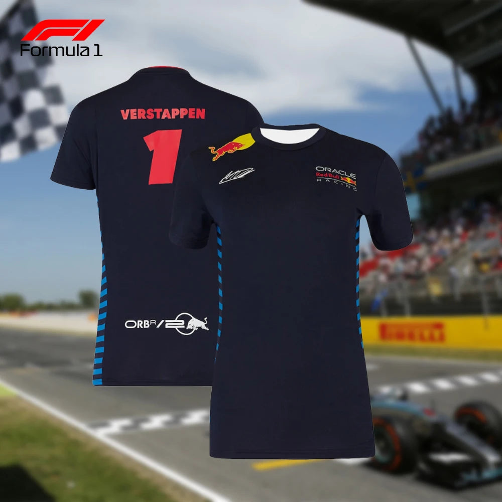 Red Bull F1 team shirt with Verstappen number 1 and sponsor logos on front and back