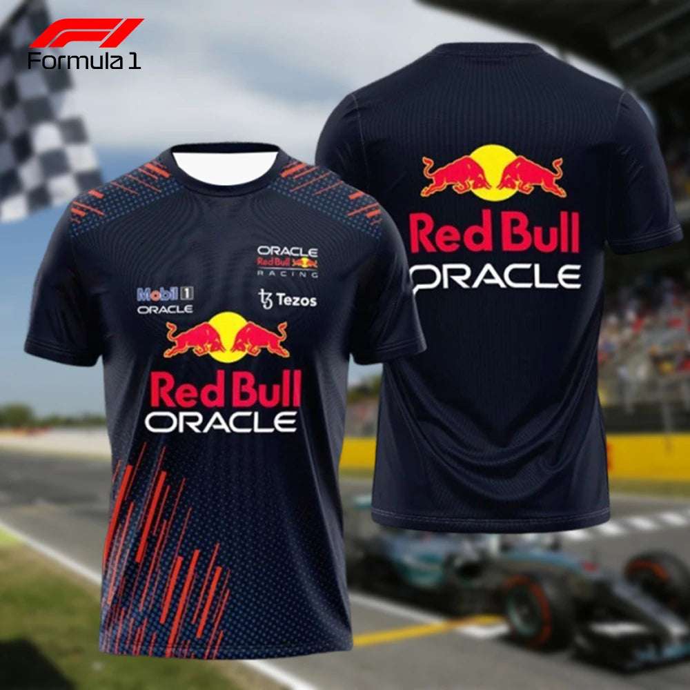 Red Bull Oracle F1 team uniform shirt showing front and back with sponsor logos and racing design