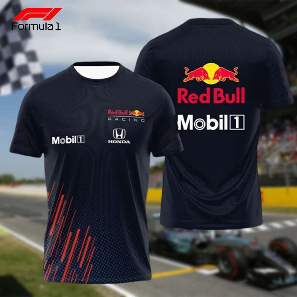 Black Red Bull racing F1 team uniform shirt with Honda and Mobil 1 logos front and back