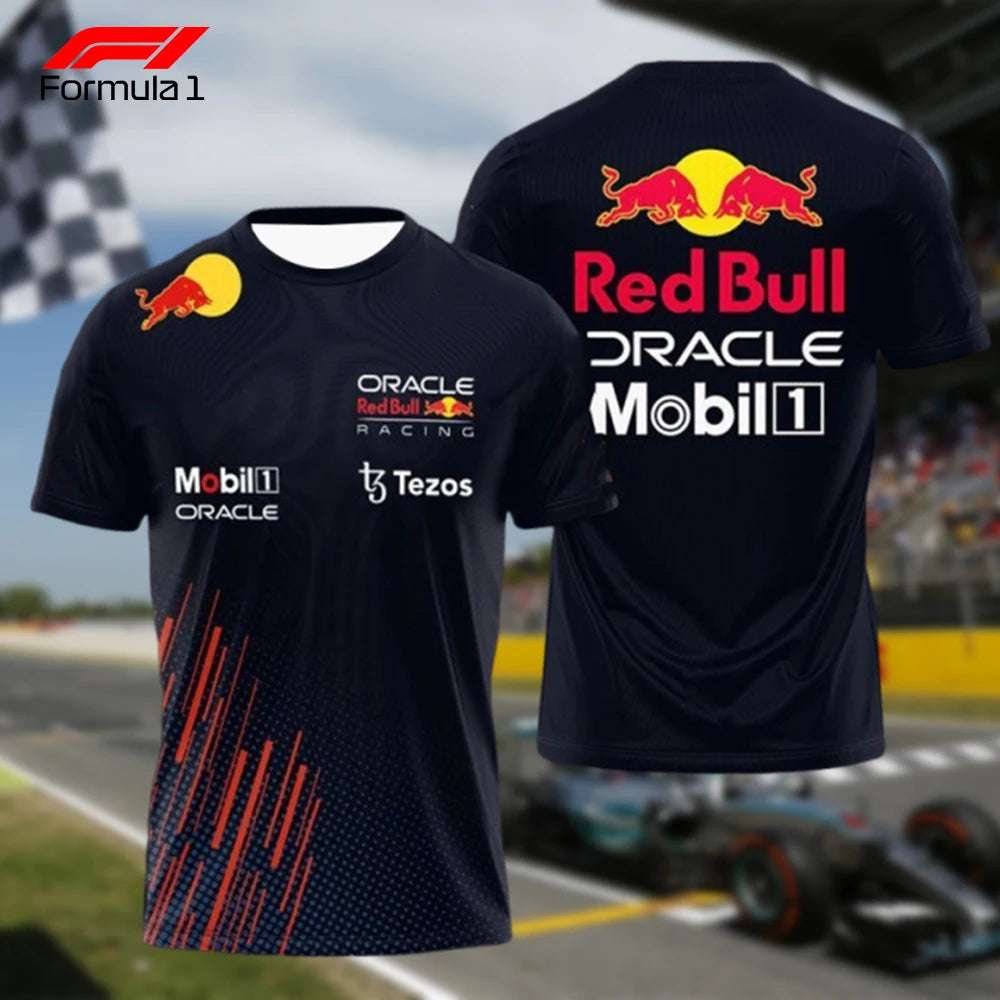 Black Red Bull Oracle F1 team uniform shirt with sponsor logos and racing design