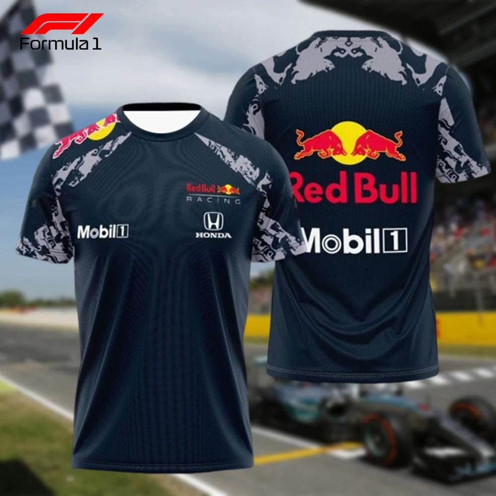 Red Bull Racing F1 team uniform shirt with Honda and Mobil 1 logos in navy blue
