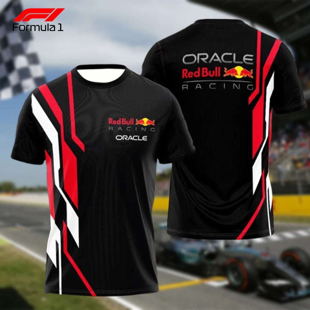 Black Red Bull Racing F1 shirt with red and white stripes and Oracle logo on front and back
