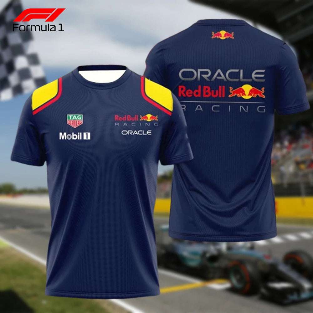 Red Bull Racing F1 shirt in navy blue with sponsor logos and yellow shoulder accents