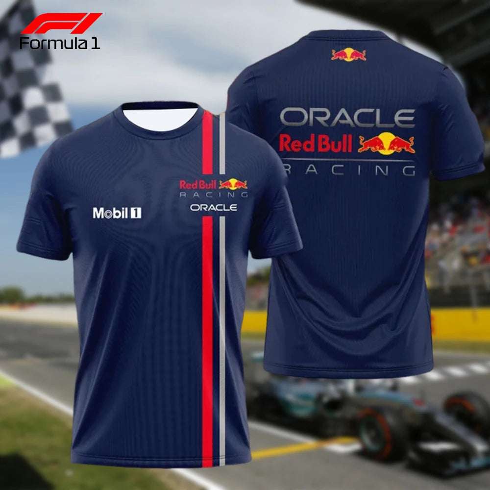 Red Bull Racing F1 T-shirt in navy blue with sponsor logos and red and gray stripes