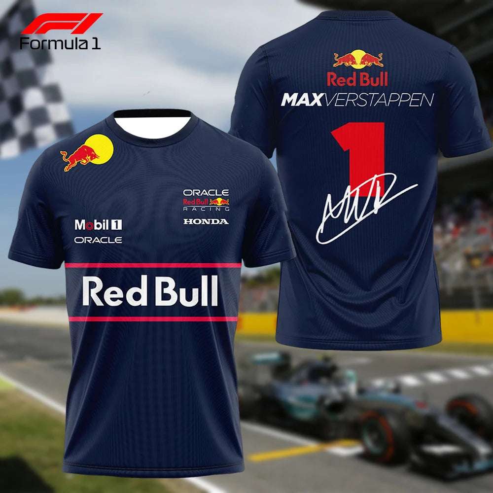 Red Bull Racing Verstappen shirt navy blue with racing sponsors and Verstappen autograph on back