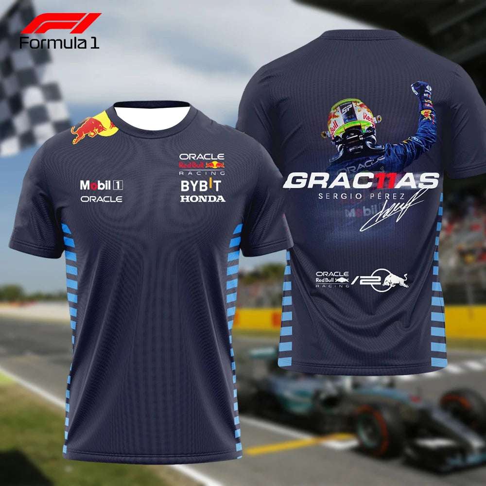 Red Bull Racing Verstappen shirt featuring sponsor logos and racing design in blue