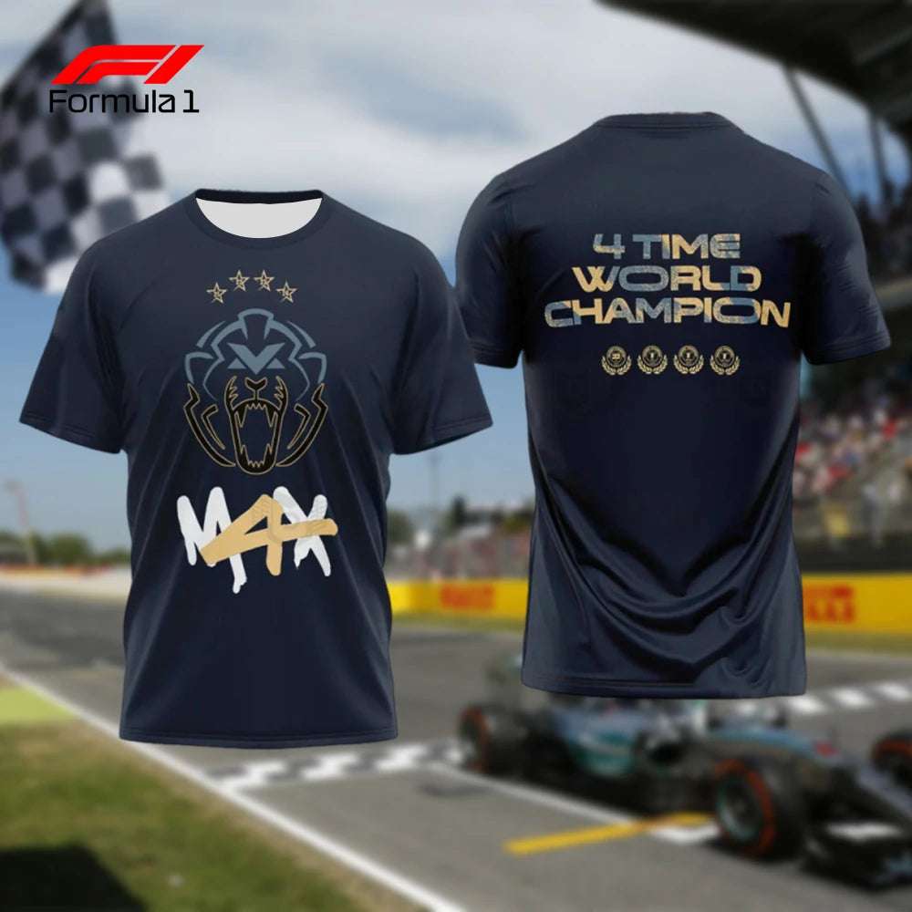 Front and back views of 2025 Verstappen special edition shirt in black with gold and white racing graphics