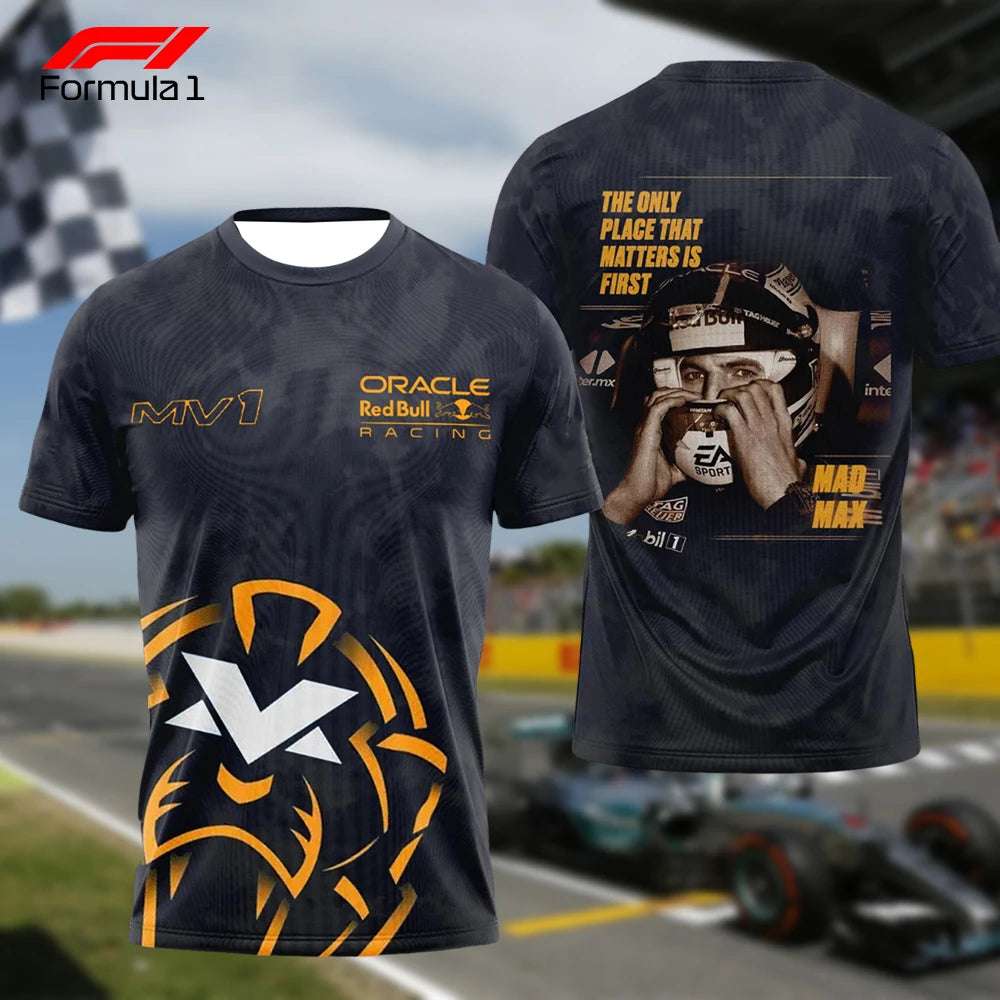 Front and back view of Verstappen championship t-shirt with racing graphics and logos