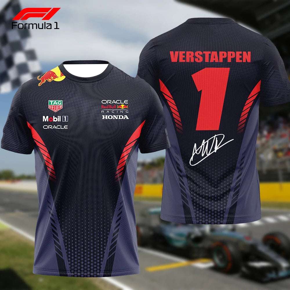 Verstappen championship t-shirt with Red Bull Racing logos and signature in black and red design