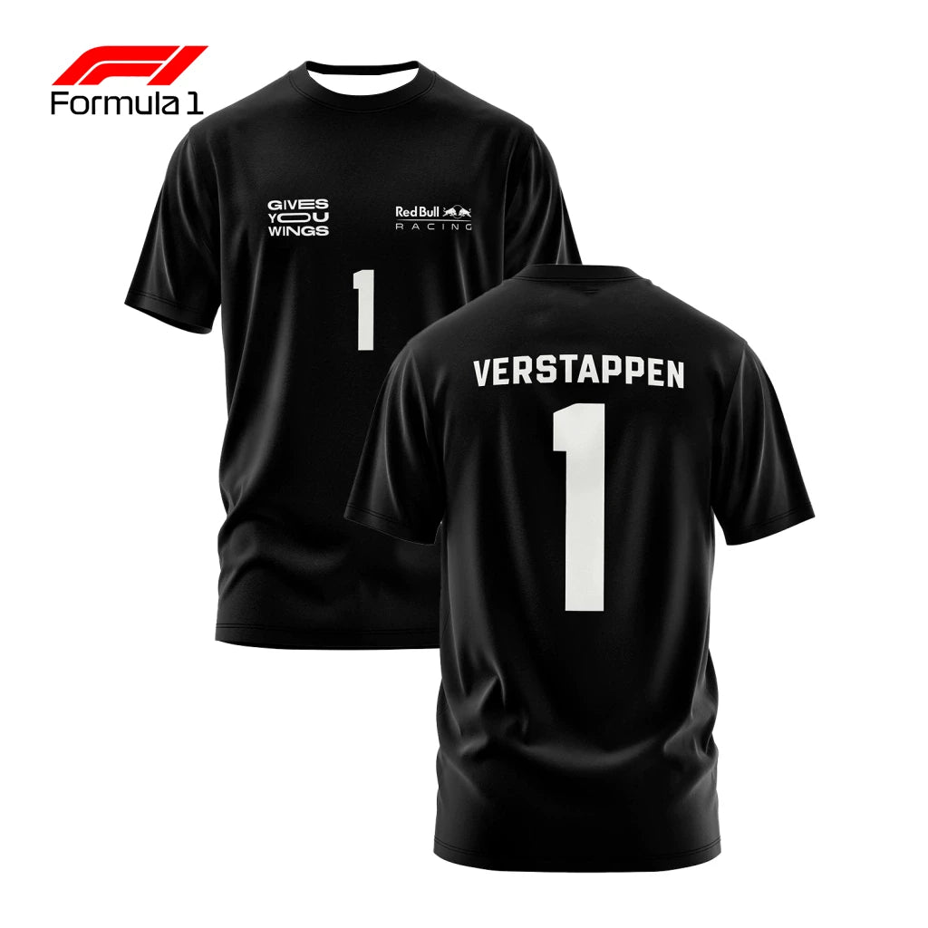 Black Verstappen commemorative t-shirt with number 1 print and Red Bull Racing logos