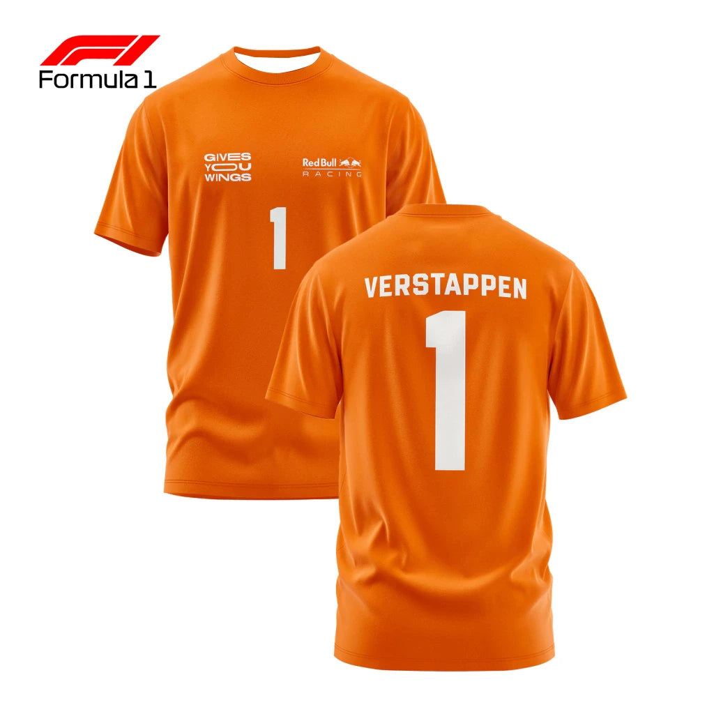 Orange Verstappen commemorative t-shirt with number 1 and Red Bull Racing logos front and back