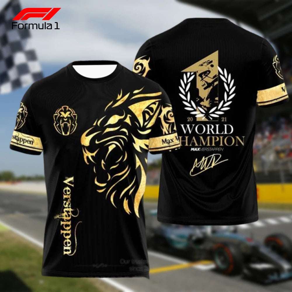 Black Verstappen F1 champion shirt with gold lion design and world champion text for Max Verstappen fans
