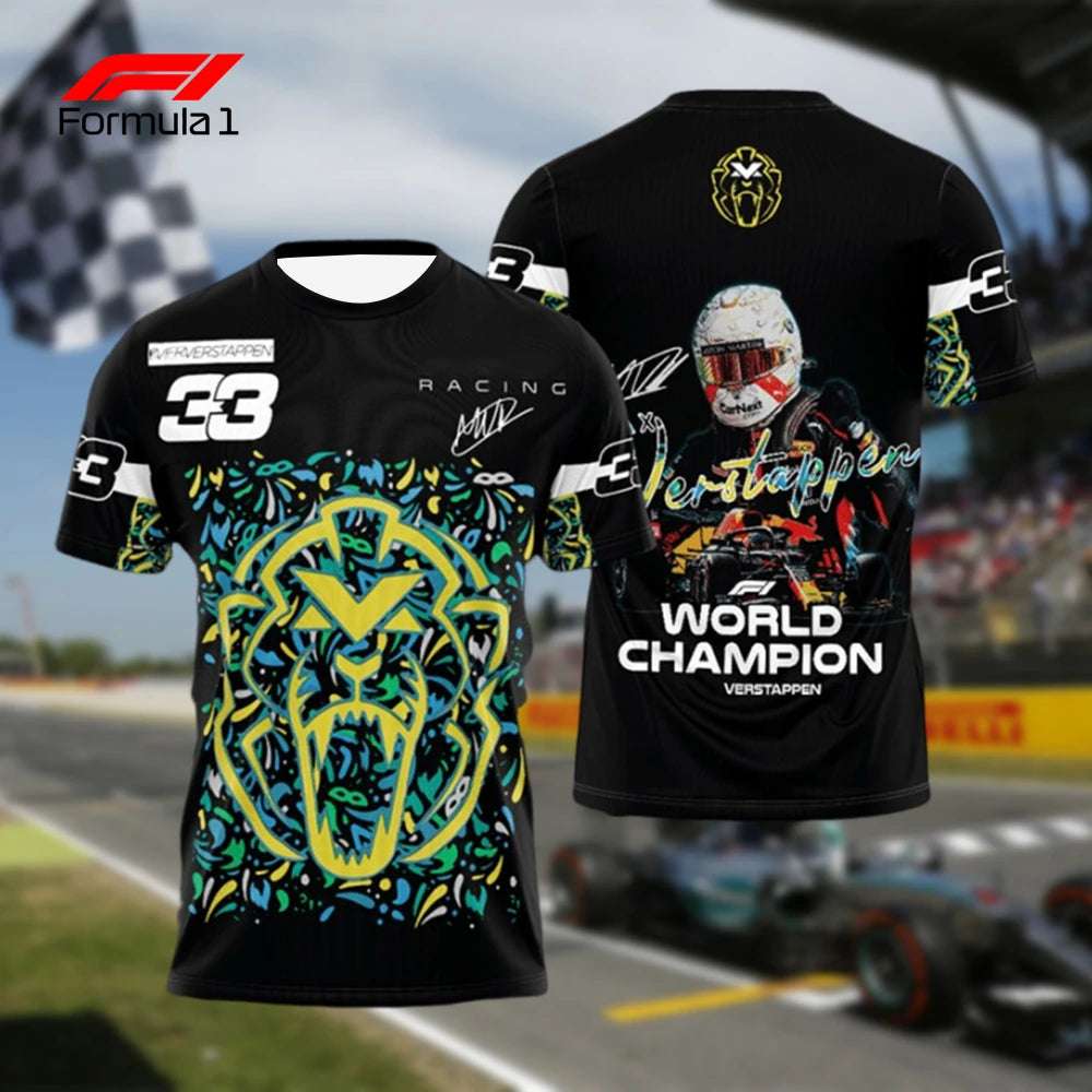 Black Verstappen F1 commemorative shirt featuring racing graphics and world champion design