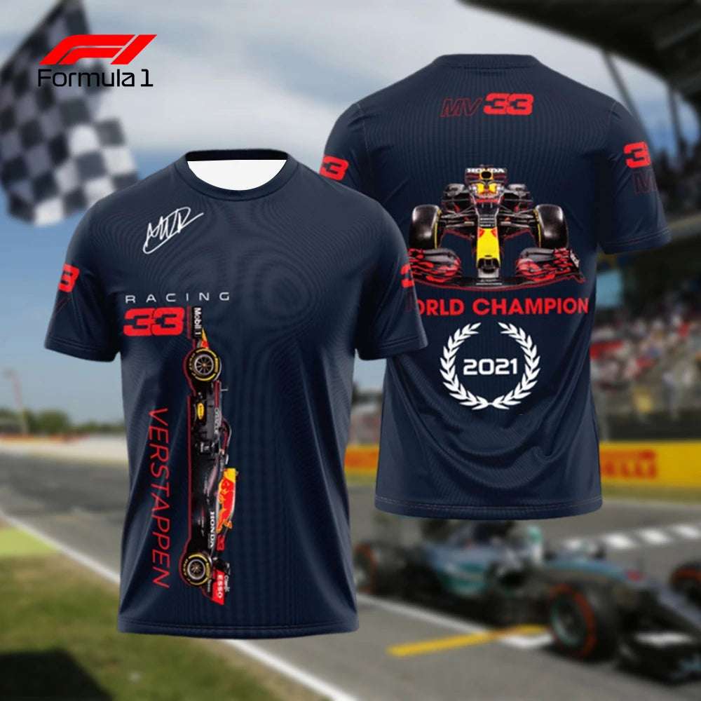 Verstappen F1 commemorative shirt featuring racing car and 2021 world champion design