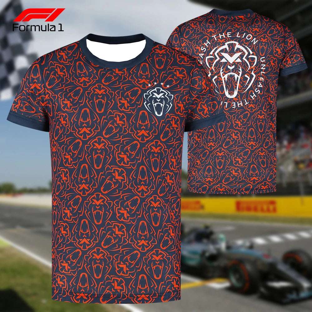 Verstappen F1 t-shirt with navy and red lion pattern featuring white lion logo on front and back