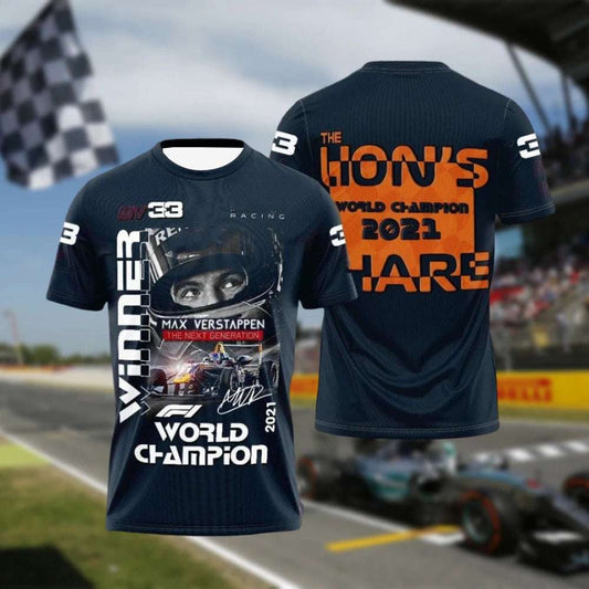 Verstappen F1 T-shirt featuring racing helmet graphic and 2021 world champion text in black