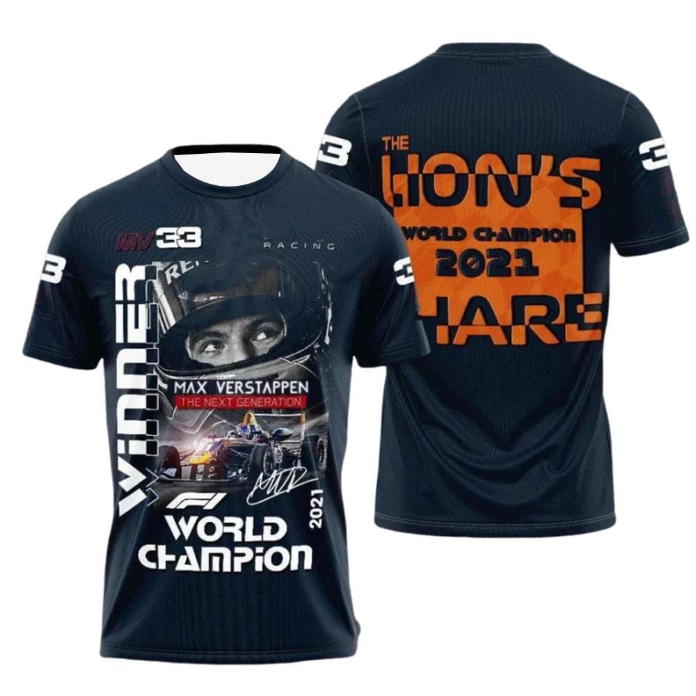 Verstappen F1 T-shirt featuring Max Verstappen graphic and 2021 World Champion text