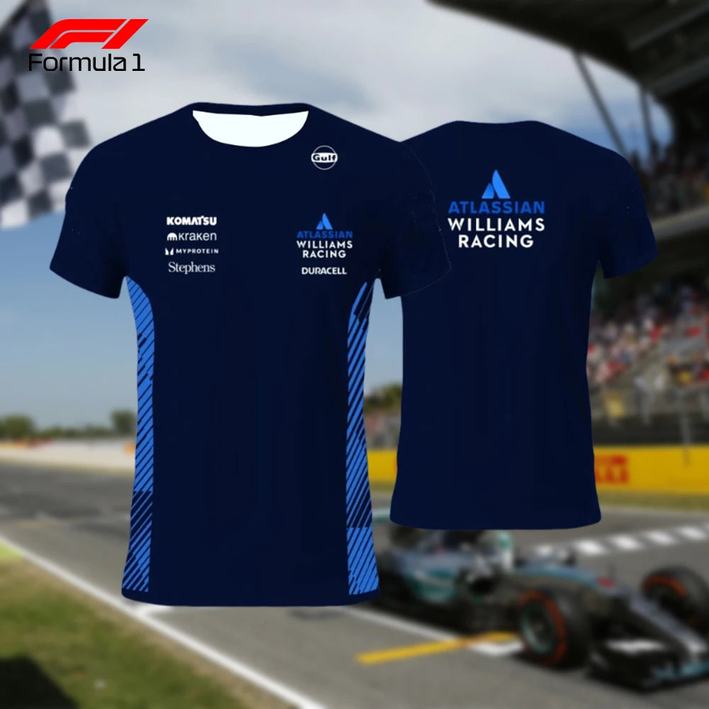 Williams F1 team t-shirt in navy blue with sponsor logos and Williams Racing branding front and back