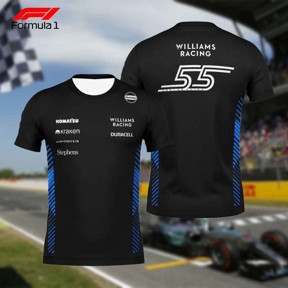 Williams Racing 2025 T-shirt in black featuring sponsor logos and blue side stripes