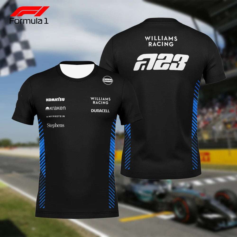 Williams Racing 2025 T-shirt in black with sponsor logos and blue side stripes front and back view