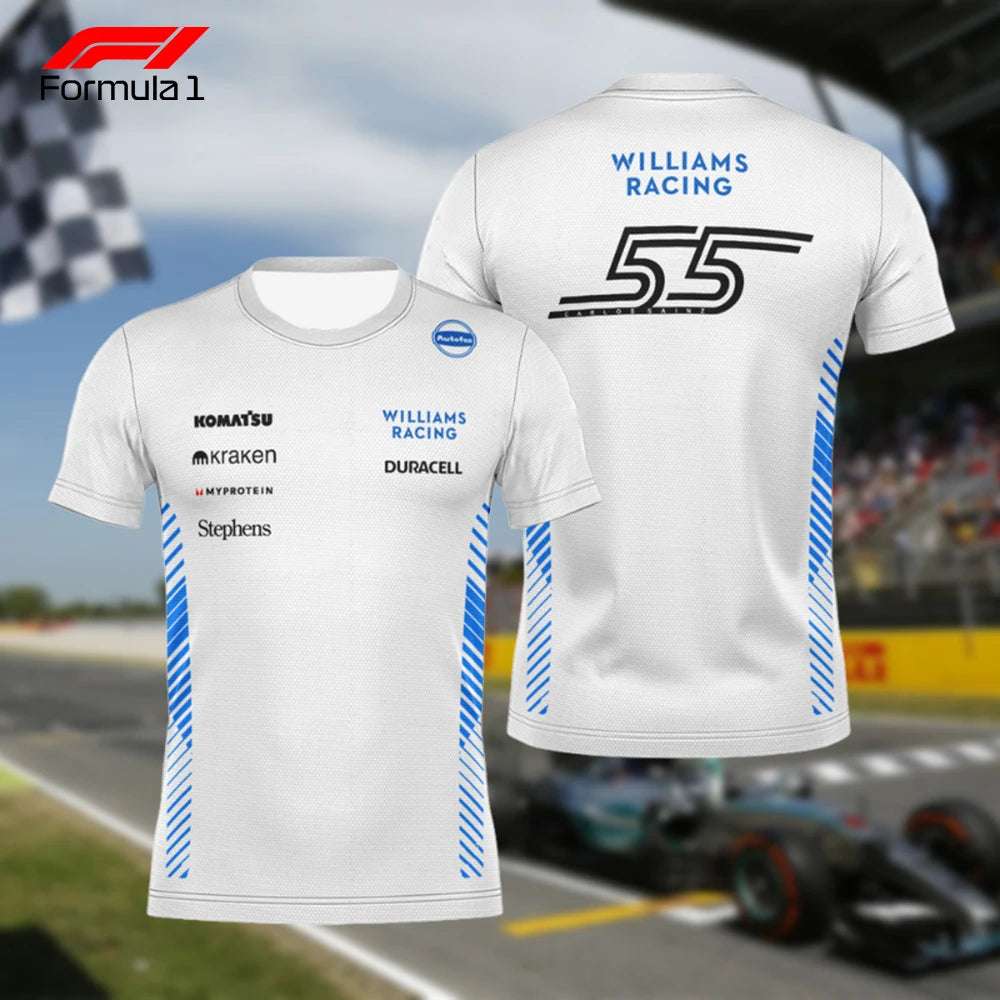 Front and back view of Williams Racing 2025 T-shirt in white with sponsor logos and number 55
